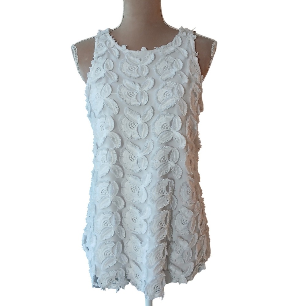 Alfani Medium Womens White Textured Floral Embroidered Sleeveless Blouse Top